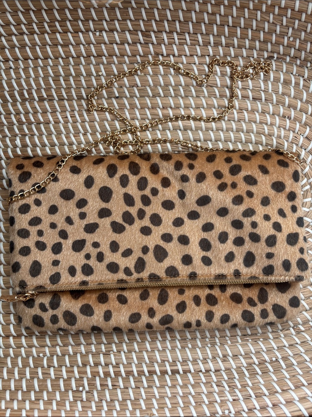 Leopard Print Fold-Over Crossbody Bag with Gold Chain